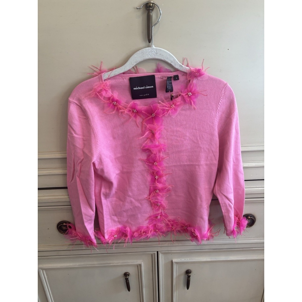 Michael Simon NWT Pink Floral Feather Button Cardigan Legally Blonde Barbie